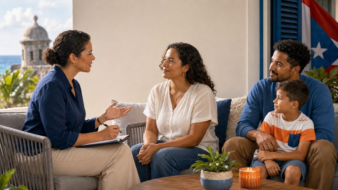 Respectful image of a caring mental health conversation with a Puerto Rican family and clinician in a warm community setting