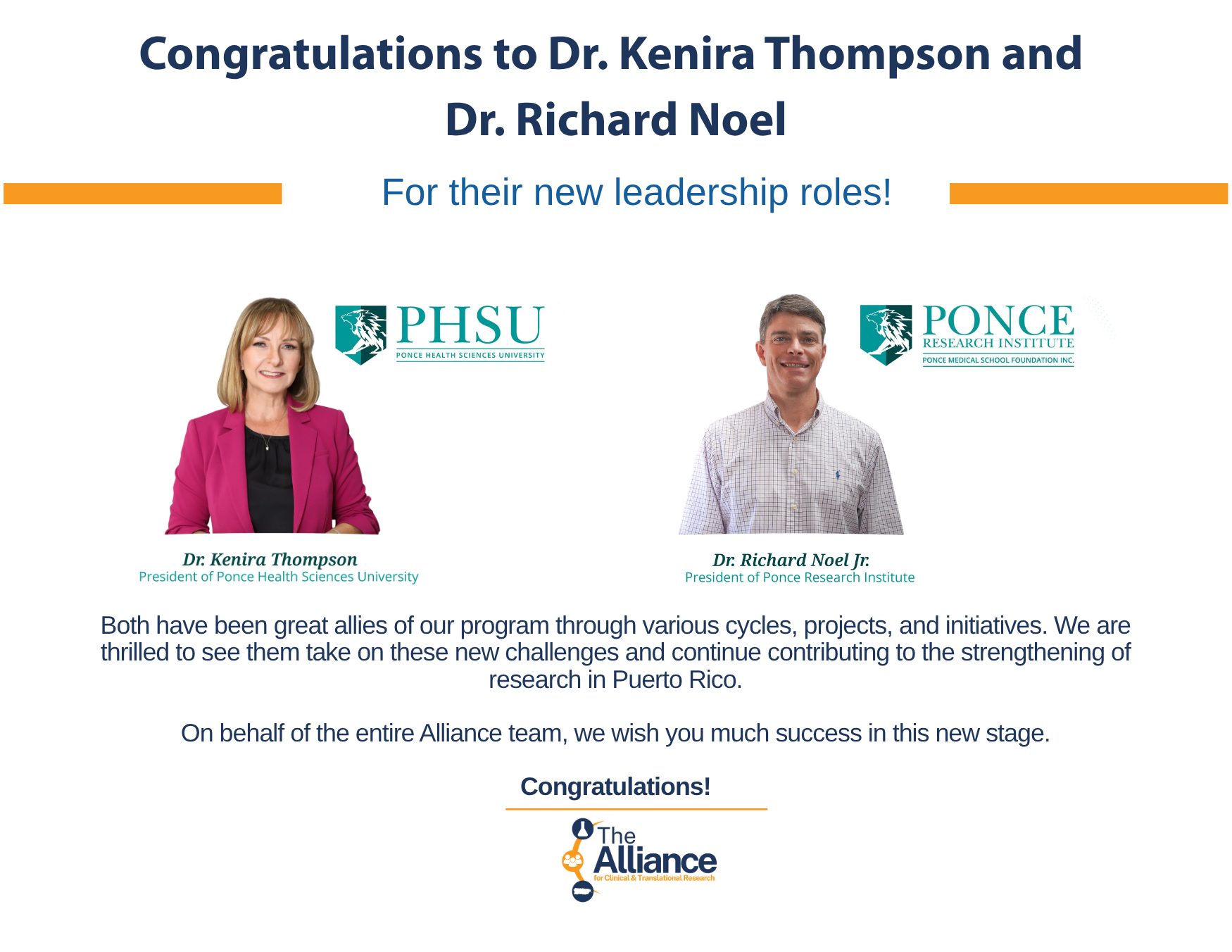 New leadership PHSU and PRI Dr. Thompson and Dr. Noel